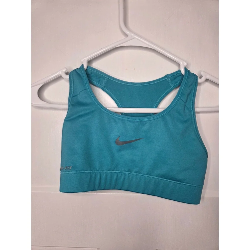 Nike‎ Dri-FIT Racerback Sports Bra Teal Blue Compression Swoosh Logo